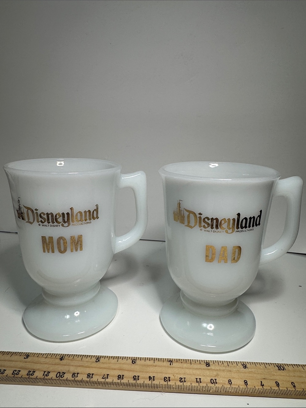 Vintage Disney White Pedestal Mug cup Gold 'Mom' and 'Dad' Lettering